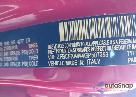 2016 Fiat 500X Pop from USA, damaged, VIN ZFBCFXAW4GP507253